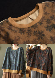 Plus Size Chocolate Patchwork Cotton Sweatshirt Top Batwing Sleeve