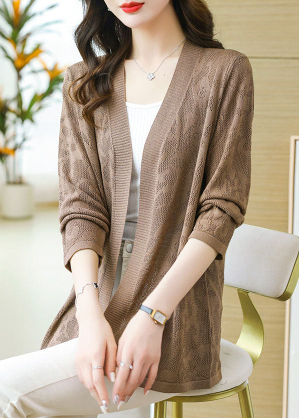 Plus Size Coffee Patchwork Solid Thin Knit Cardigan Long Sleeve