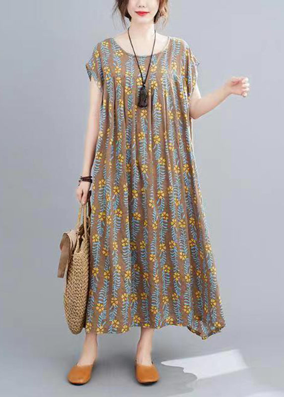 Plus Size Coffee Print Long Dress Short Sleeve