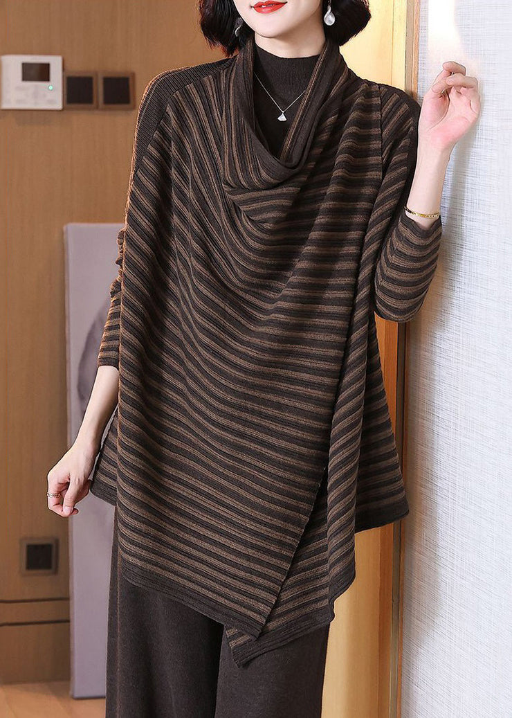 Plus Size Coffee Striped Asymmetrical Cotton Knit Cardigan Spring