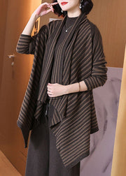 Plus Size Coffee Striped Asymmetrical Cotton Knit Cardigan Spring