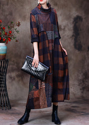 Plus Size Chocolate Turtleneck Plaid Patchwork Velour Maxi Dress Long Sleeve