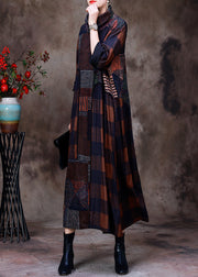 Plus Size Chocolate Turtleneck Plaid Patchwork Velour Maxi Dress Long Sleeve