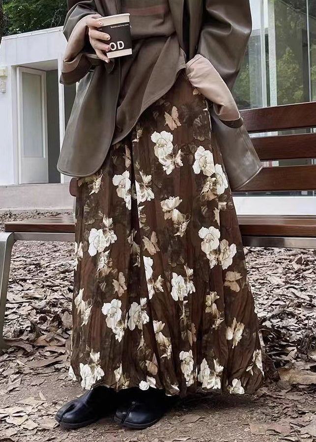 Plus Size Coffee Wrinkled Print Exra Large Hem Cotton Skirts Spring