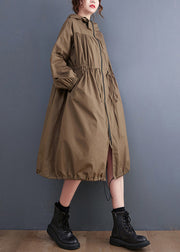 Plus Size Coffee Zip Up Drawstring Wrinkled Cotton Hoodie Coat Spring