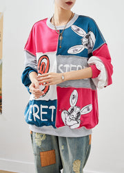 Plus Size Colorblock Oversized Patchwork Rabbit Print Cotton Sweatshirt Fall