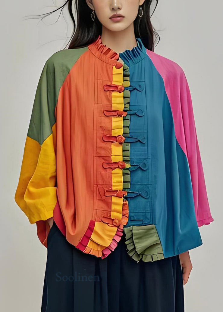 Plus Size Colorblock Ruffled Chinese Button Patchwork Cotton Coats Fall