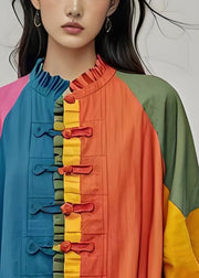 Plus Size Colorblock Ruffled Chinese Button Patchwork Cotton Coats Fall