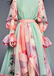 Plus Size Colorblock Ruffled Print Patchwork Chiffon Dresses Long Sleeve