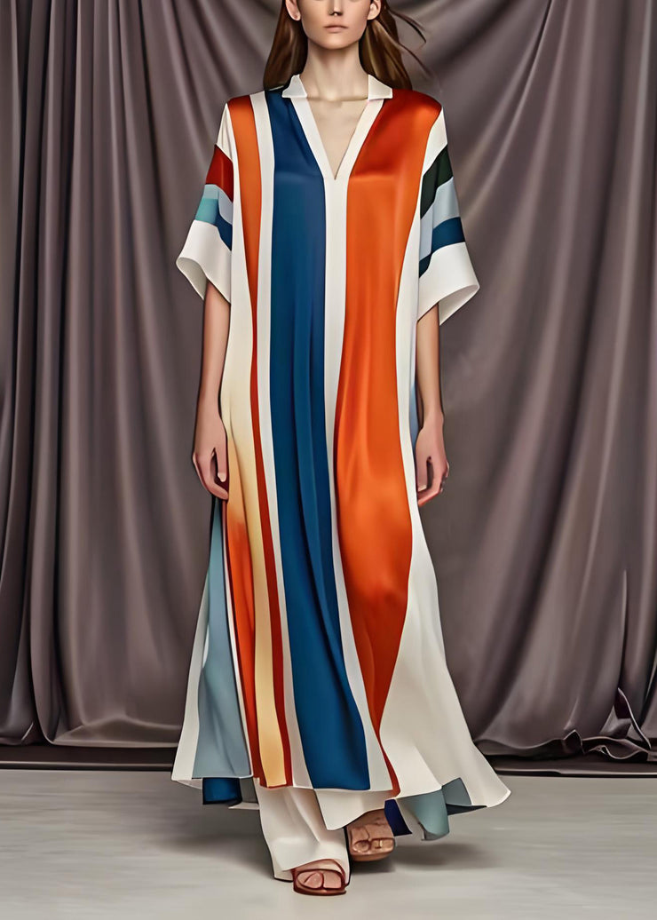 Plus Size Colorblock V Neck Patchwork Silk Maxi Dress Summer