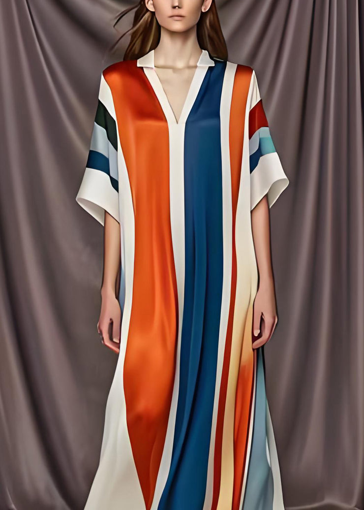 Plus Size Colorblock V Neck Patchwork Silk Maxi Dress Summer