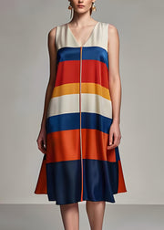 Plus Size Colorblock V Neck Striped Silk Dresses Sleeveless