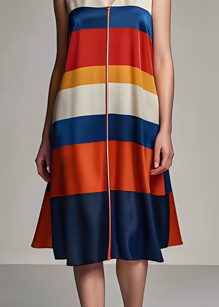 Plus Size Colorblock V Neck Striped Silk Dresses Sleeveless