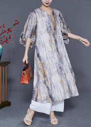 Plus Size Colorblock V Neck Tie Dye Silk Dress Lantern Sleeve