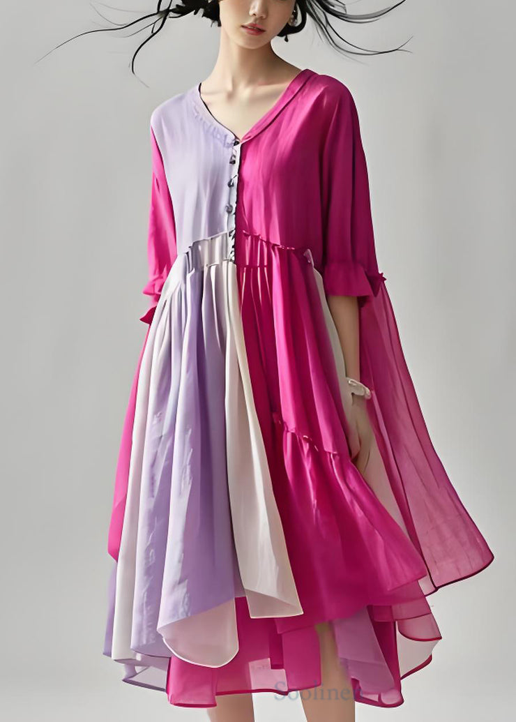 Plus Size Colorblock V Neck Wrinkled Patchwork Cotton Dresses Summer