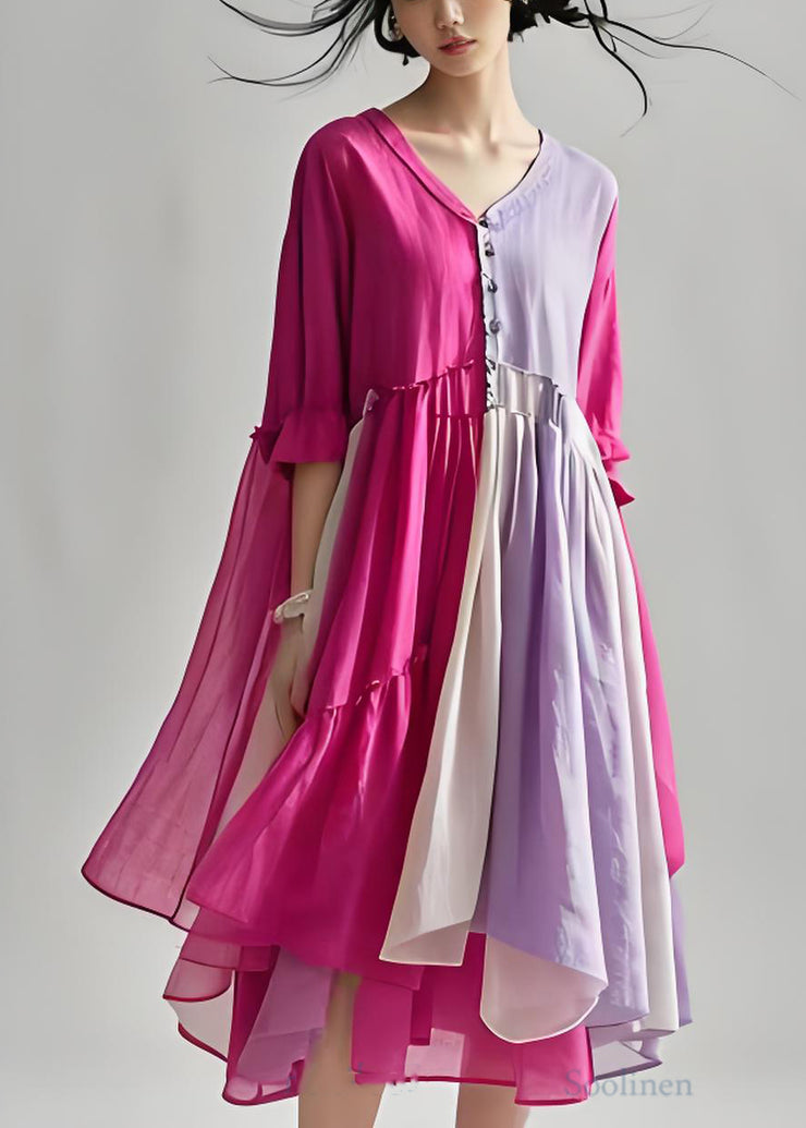 Plus Size Colorblock V Neck Wrinkled Patchwork Cotton Dresses Summer