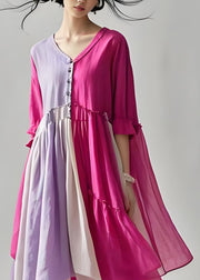 Plus Size Colorblock V Neck Wrinkled Patchwork Cotton Dresses Summer