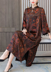 Plus Size Dark Brown Print Mandarin Collar Silk A Line Dress Spring