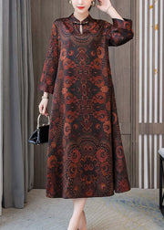 Plus Size Dark Brown Print Mandarin Collar Silk A Line Dress Spring