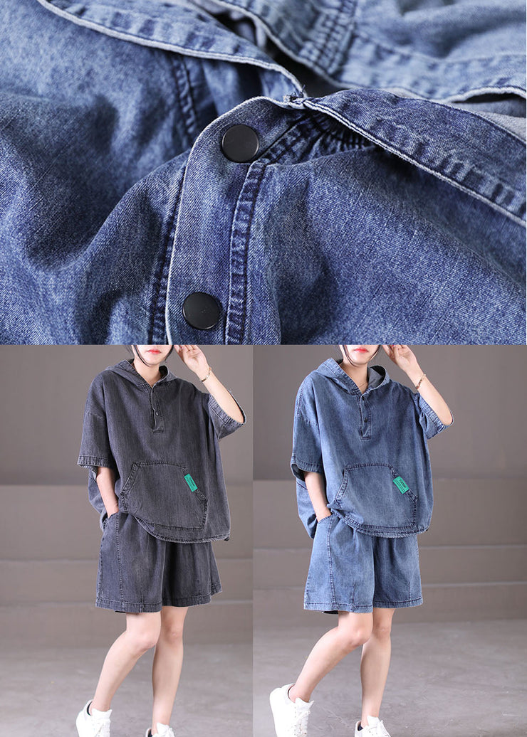 Plus Size Dark Grey Hooded Elastic Waist Pockets Cotton Denim Two Piece Set Outfits Summer