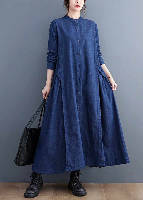 Plus Size Denim Black Stand Collar Patchwork Wrinkled Button Ankle Shirts Dress Long Sleeve