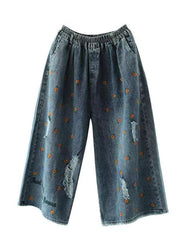 Plus Size Denim Blue Elastic Waist Daisy Embroideried Hole Cotton Straight Pants Summer