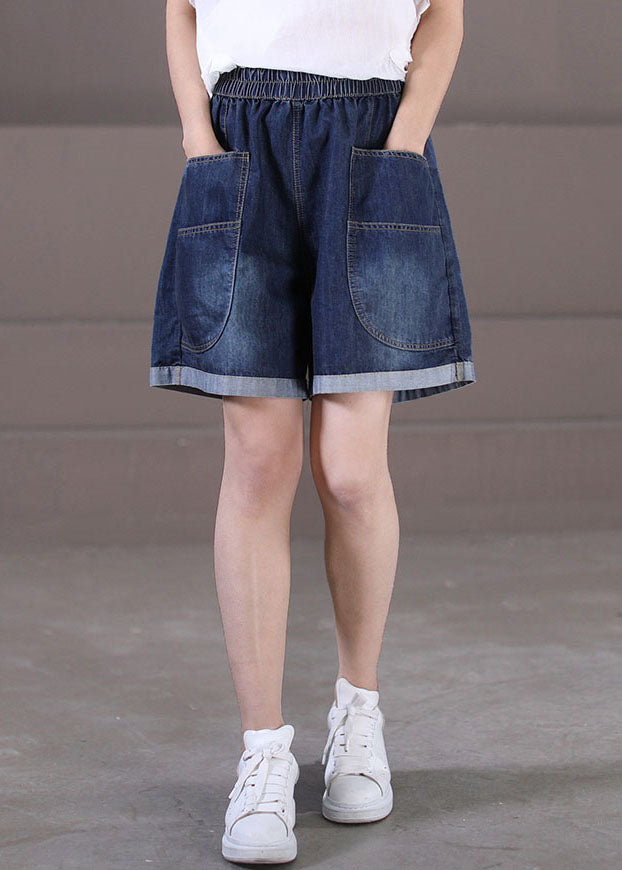 Plus Size Denim Blue Elastic Waist Pockets Cotton Wide Leg Shorts Summer