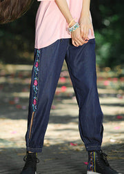 Plus Size Denim Blue Embroideried High Waist Cotton Lantern Pants Summer