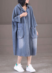 Plus Size Denim Blue Hooded Pockets Cotton Long Dress Long Sleeve