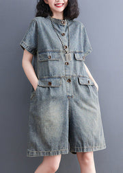 Plus Size Denim Blue O-Neck Patchwork Button Jumpsuits Short Sleeve