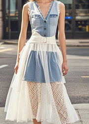 Plus Size Denim Blue Ruffled Patchwork Tulle Vacation Dresses Summer