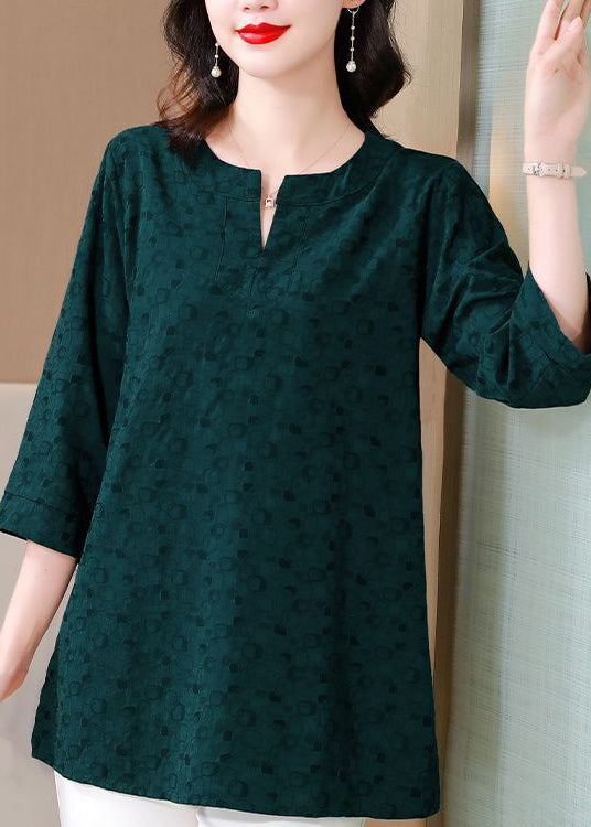 Plus Size Dull Green Oversized Print Cotton Top Bracelet Sleeve