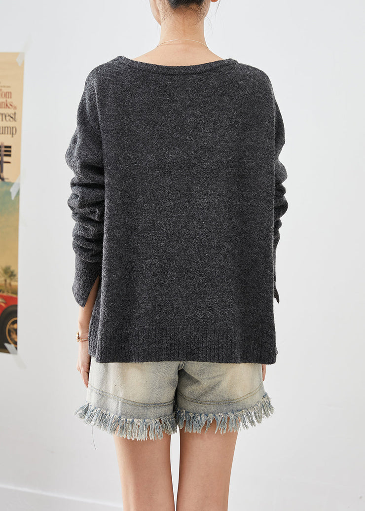 Plus Size Dull Grey Asymmetrical Patchwork Button Knit Pullover Fall