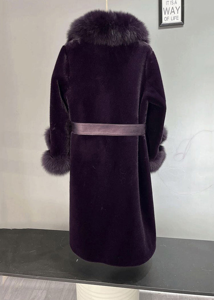 Plus Size Dull Purple Fox Collar Tie Waist Mink Velvet Trench Winter