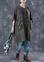 Plus Size Embroideried Chinese Button Pockets Linen Trench Summer