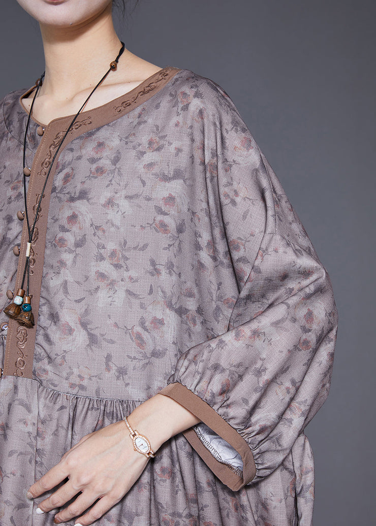 Plus Size Embroideried Print Wrinkled Linen Robe Dresses Summer