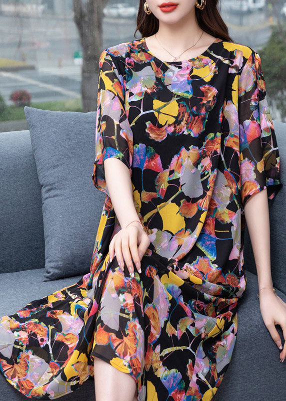 Plus Size Floral O Neck Wrinkled Patchwork Chiffon Dresses Summer