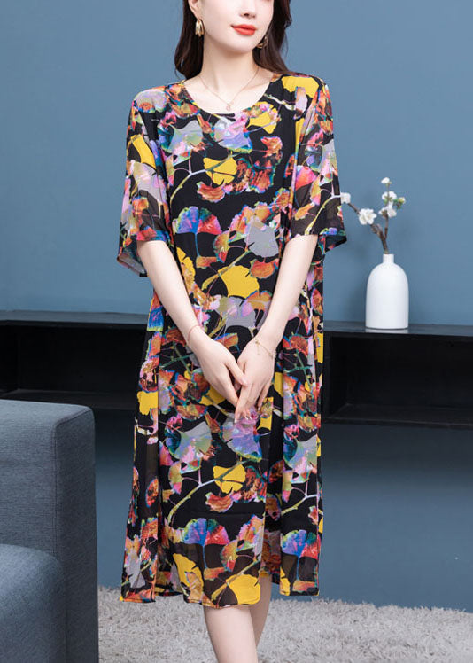 Plus Size Floral O Neck Wrinkled Patchwork Chiffon Dresses Summer