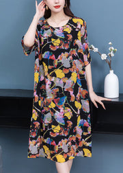 Plus Size Floral O Neck Wrinkled Patchwork Chiffon Dresses Summer