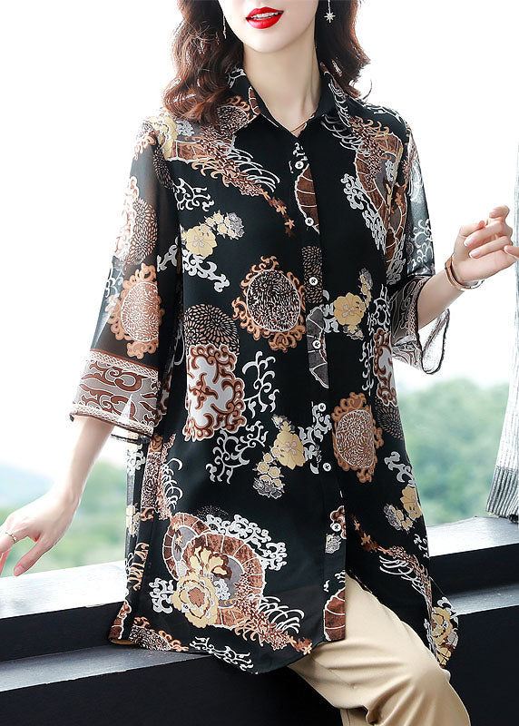 Plus Size Floral Peter Pan Collar Patchwork Chiffon Shirts Bracelet Sleeve