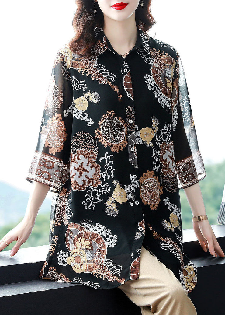 Plus Size Floral Peter Pan Collar Patchwork Chiffon Shirts Bracelet Sleeve