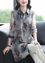 Plus Size Floral Peter Pan Collar Patchwork Chiffon Shirts Summer