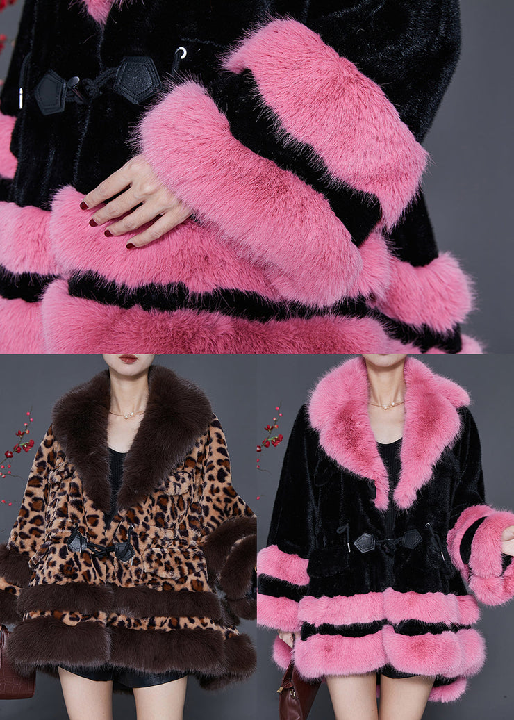 Plus Size Fur Collar Leopard Drawstring Mink Velvet Trench Spring