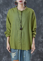 Plus Size Grass Green Embroidered Linen Blouses Spring