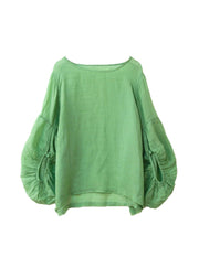 Plus Size Grass Green O Neck Patchwork Cotton Top Lantern Sleeve