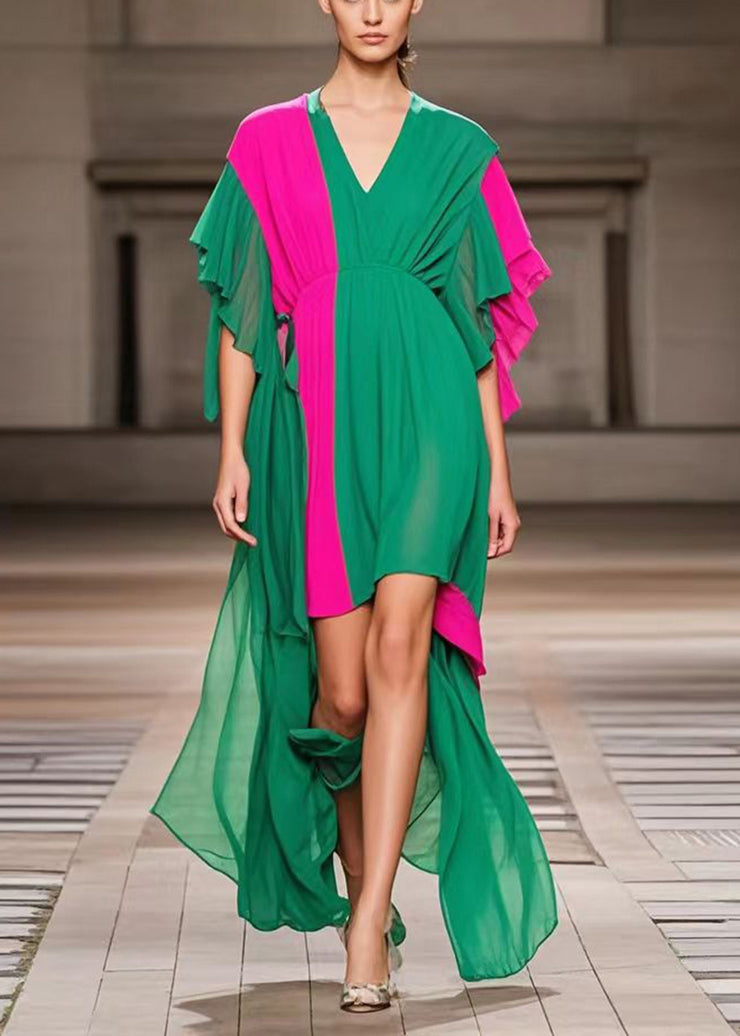 Plus Size Green Asymmetrical Patchwork Chiffon Ankle Dress Summer