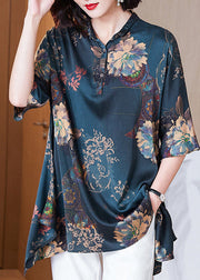 Plus Size Green Asymmetrical Print Silk Shirt Summer