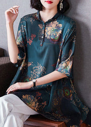 Plus Size Green Asymmetrical Print Silk Shirt Summer