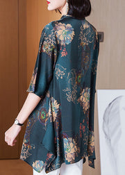 Plus Size Green Asymmetrical Print Silk Shirt Summer