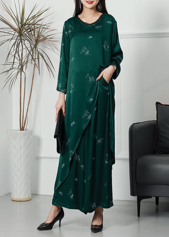 Plus Size Green Asymmetrical Side Open Silk Women Sets 2 Pieces Spring